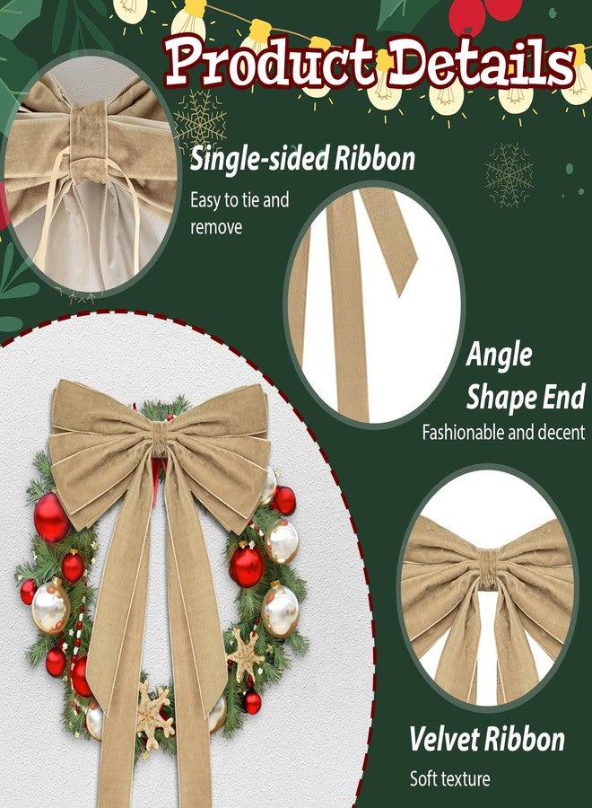 Stuffygreenus 2 Pcs Large Christmas Velvet Bows 10" x 27.5" Christmas Bows Tree Ornament Xmas Velvet Ribbon Bow for Gift Wrapping Wreaths Garland Holiday Home Front Door Decor (Khaki) - Image 3
